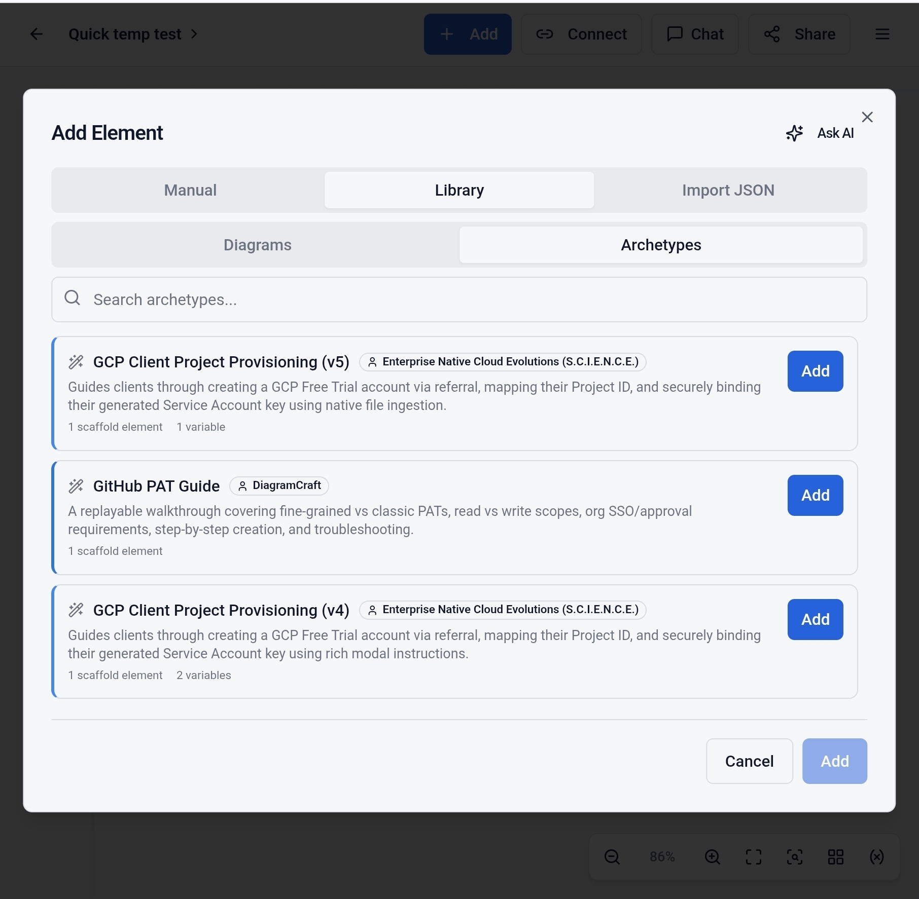 Archetype library showing GitHub PAT Guide alongside GCP provisioning archetypes