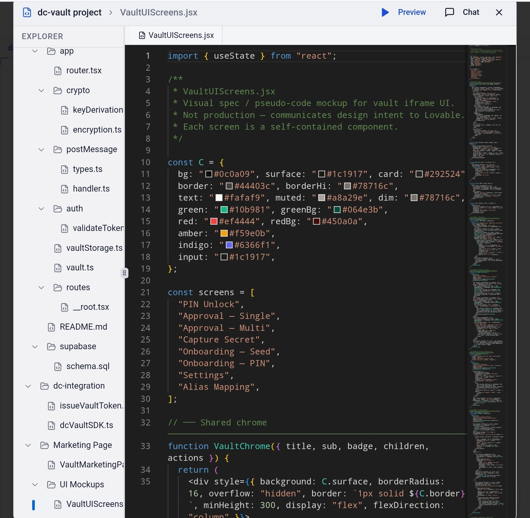 DiagramCraft code editor view of VaultUIScreens.jsx with a Preview button in the header