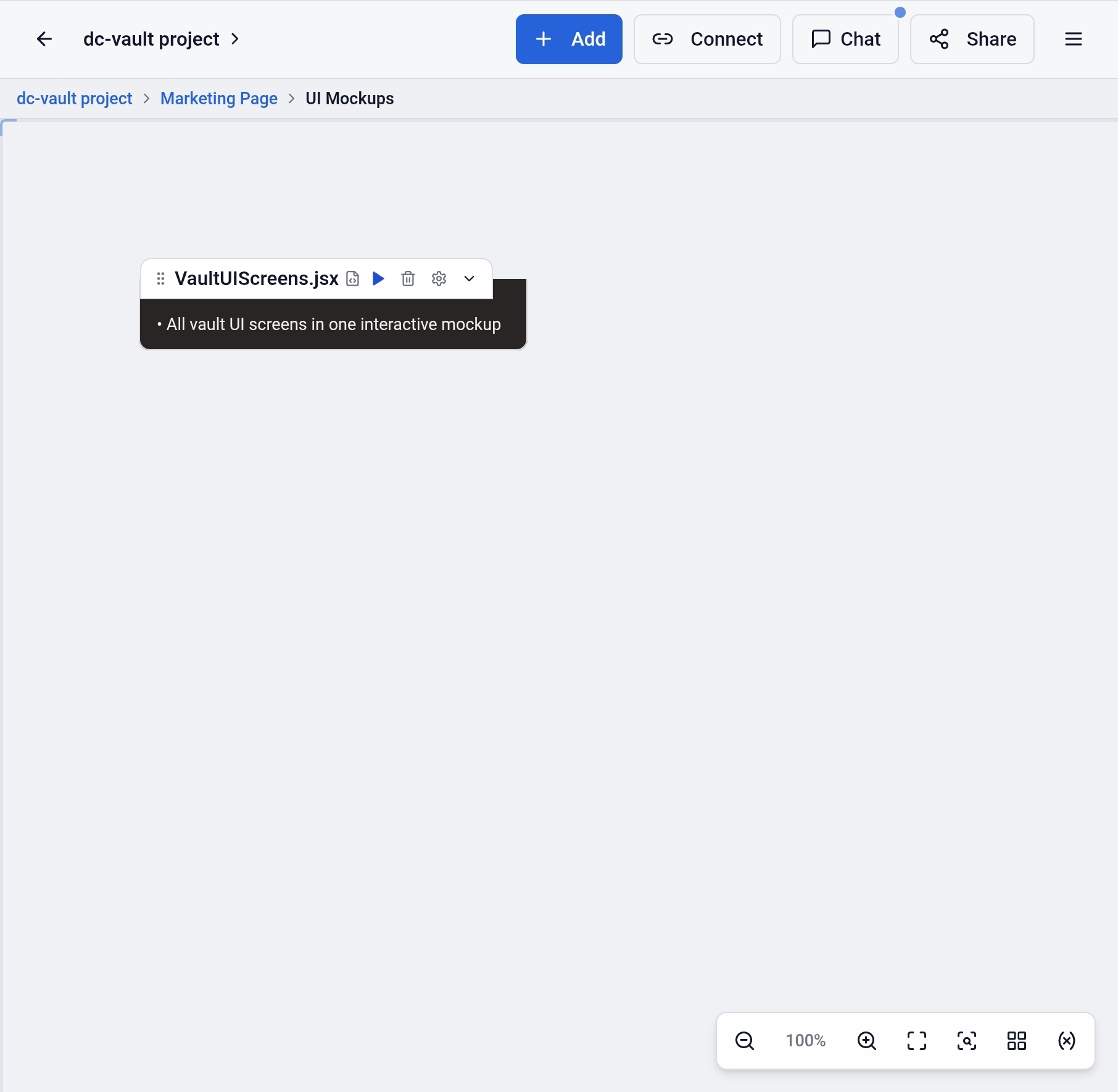 UI Mockups sub-diagram with VaultUIScreens.jsx element and blue ▶ button