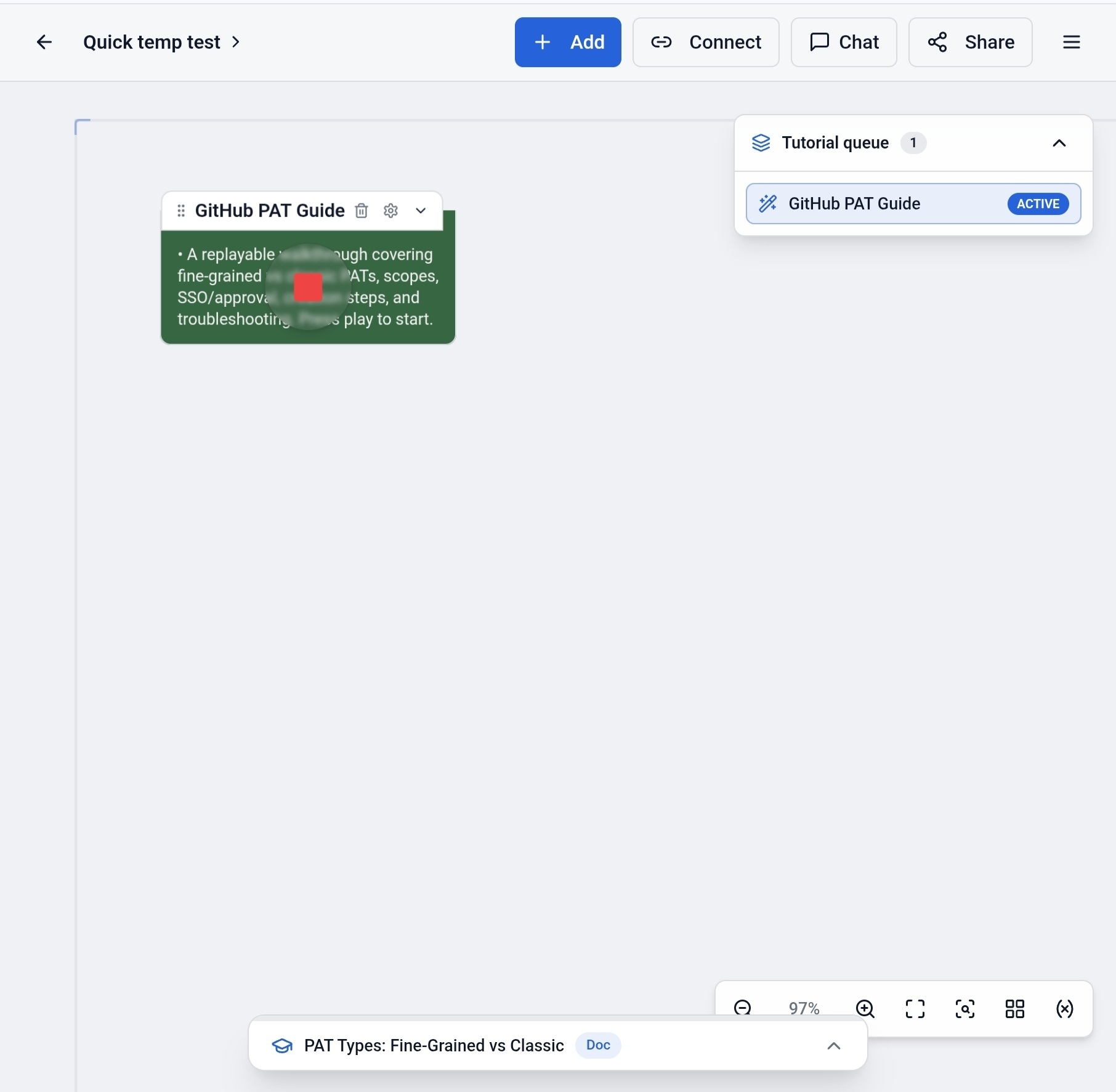 Tutorial queue showing GitHub PAT Guide as ACTIVE; stop button has replaced play
