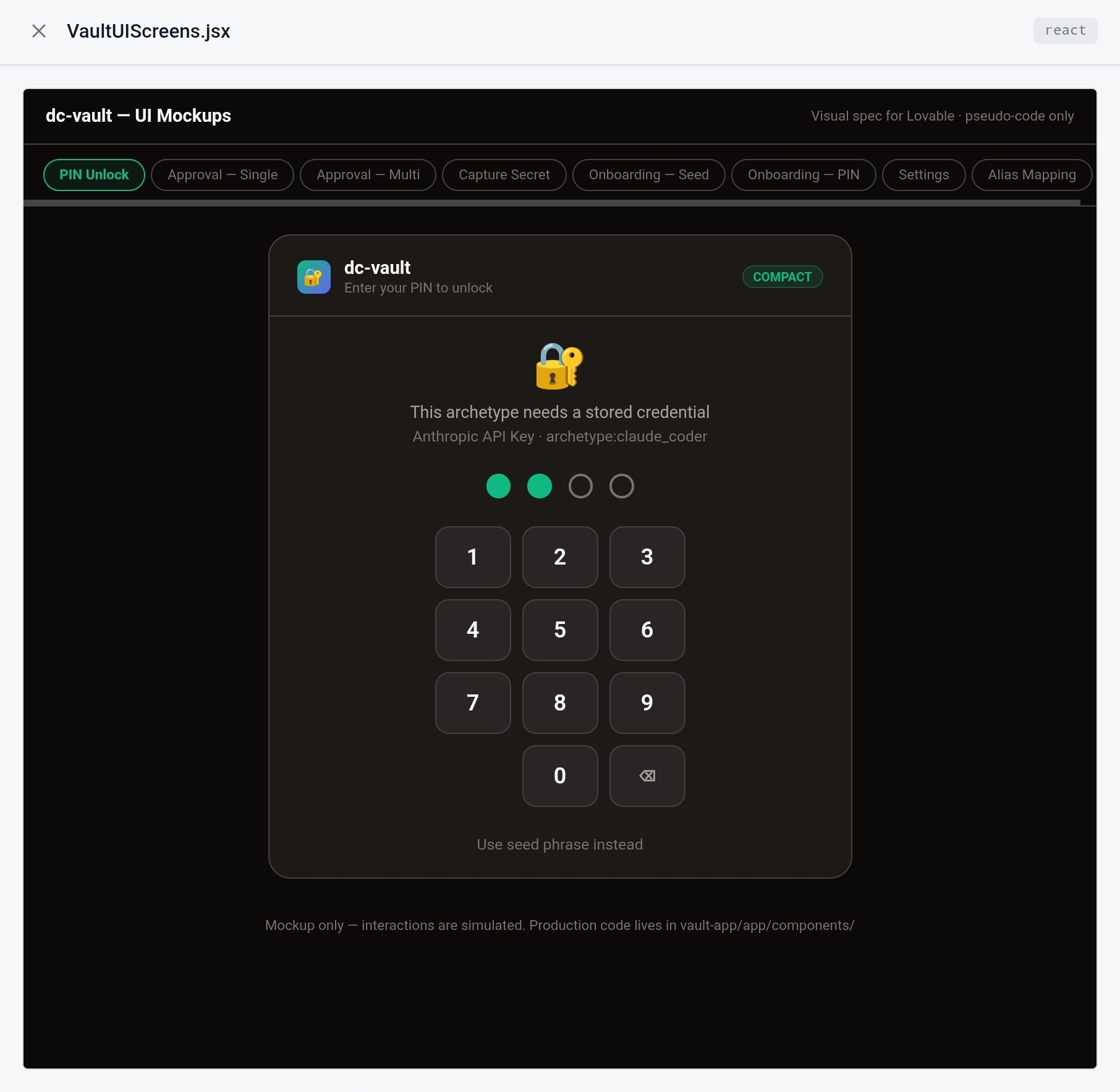 VaultUIScreens.jsx rendered live inside DiagramCraft showing the PIN unlock screen mockup