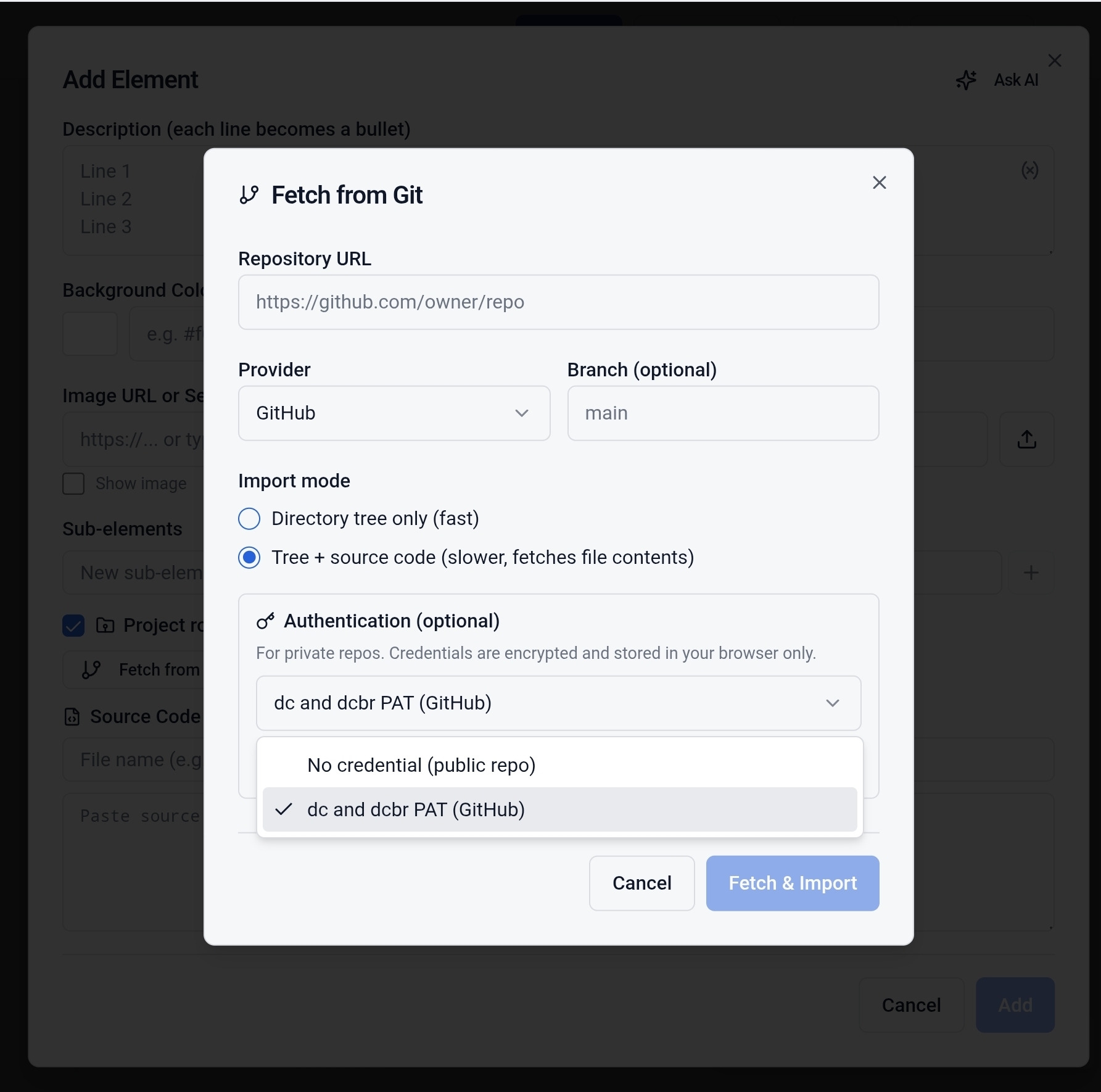 Fetch from Git modal showing the stored PAT credential selected
