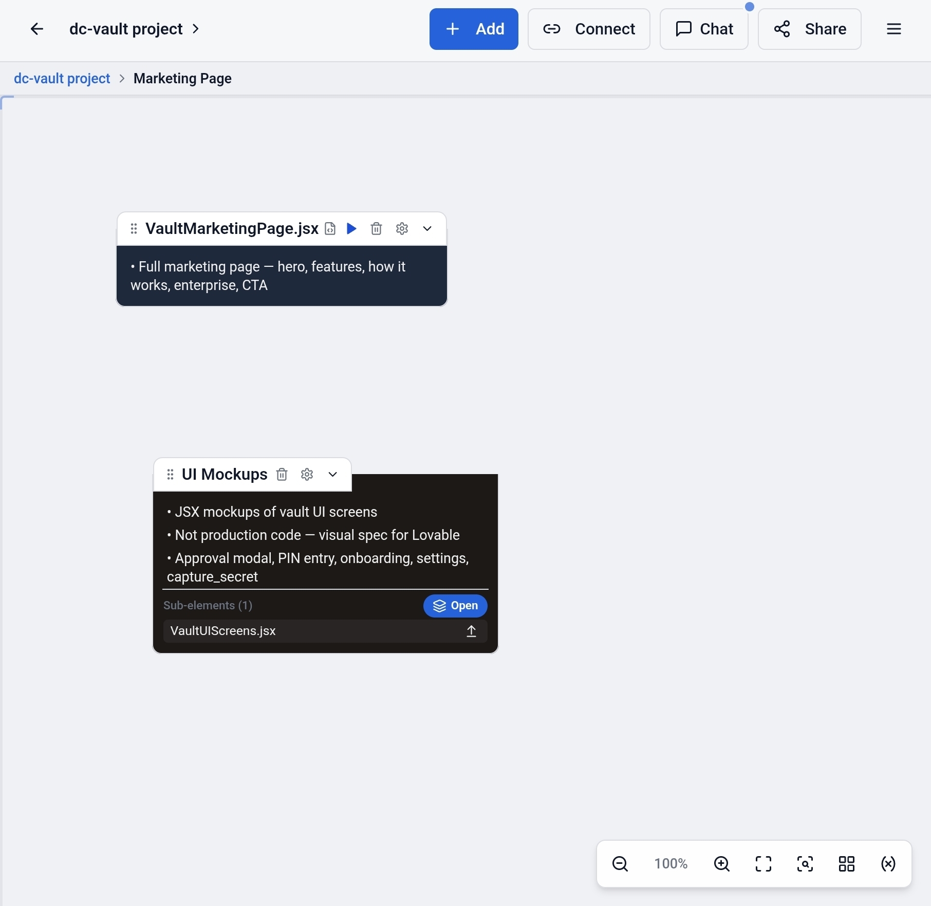 Marketing Page sub-diagram showing VaultMarketingPage.jsx with the blue run button
